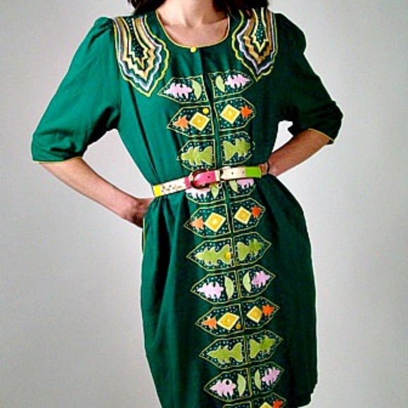 Vintage Dresses & Skirts - Vintage 80s Boho Green Embroidered Dress Size Large Cotton Blend Style